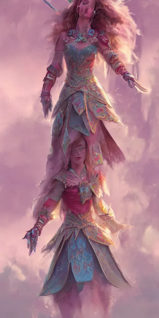 Prompt: detailed concept art illustration pastel painting of a Disney warrior princess in full intricate clothing, ultra detailed, digital art, octane render, 4K, micro details