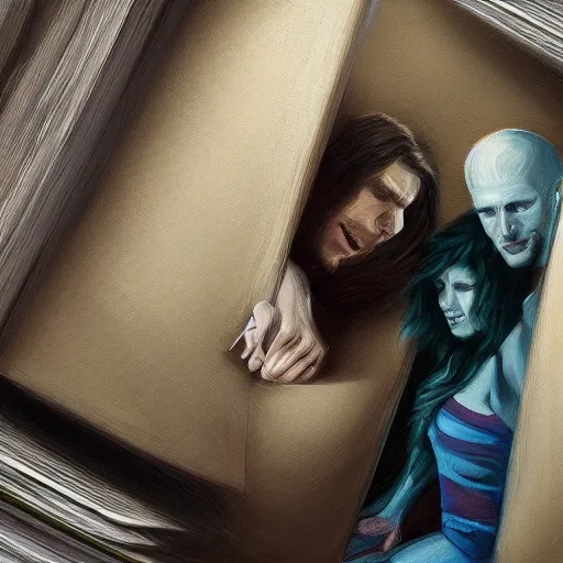 Image similar to a realistic painting of three male and one female characters emerging from inside a book, trending on artstation, detailed digital art