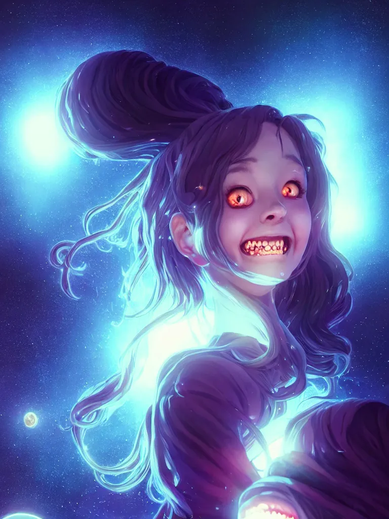 Image similar to azathoth girl smiling so happily, dress made out milky way, occlusion shadow, specular reflection, rim light, unreal engine, artgerm, artstation, art by hiroaki samura and ilya kuvshinov and ossdraws, intricate, highly detailed 8 k, cosmic horror illustration, extremely beautiful and aesthetic shape of face and body