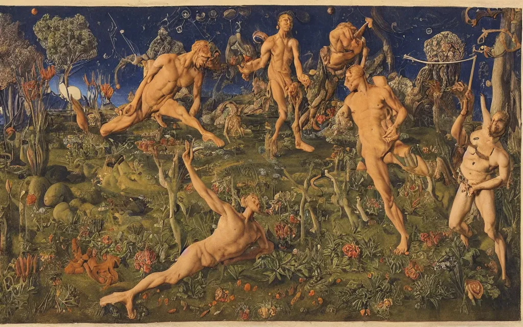 Image similar to a portrait photograph of a meditating satyr and a centaur monk riding a rocket machine and hunting at a river delta. surrounded by bulbous flowers and trees. mountain range under a blue sky of fiery stars. by jan van eyck, max ernst, ernst haeckel, ernst fuchs and artgerm, cgsociety, fashion editorial, 8 k