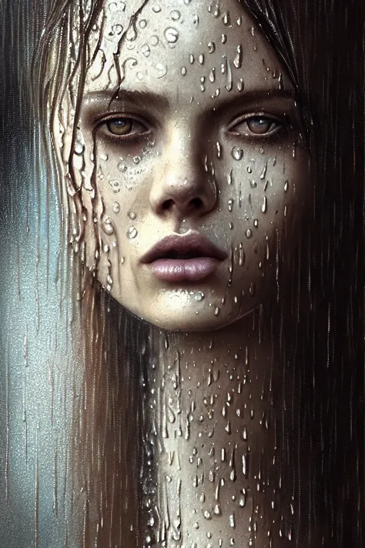 Image similar to portrait of a girl in the rain with wet hair and face, fantasy, intricate, elegant, dramatic lighting, emotionally evoking symbolic metaphor, highly detailed, lifelike, photorealistic, digital painting, artstation, concept art, smooth, sharp focus, illustration, art by John Collier and Albert Aublet and Krenz Cushart and Artem Demura and Alphonse Mucha