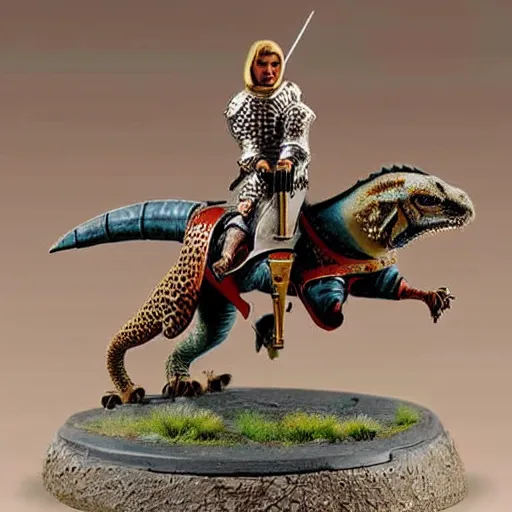 Prompt: A medieval knight riding on a giant two legged leopard gecko, highly detailed, painted wargaming miniature