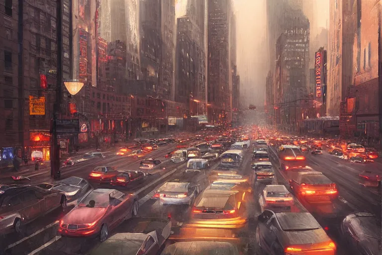 Image similar to beautiful matte painting of traffic jam on the streets of neo new york in evening by greg rutkowski, 4 k, extreme details, photorealism