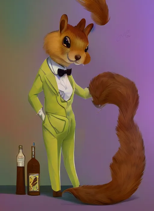 Prompt: squirrel anthro as a dapper bartender with a big, fluffy tail, retro futurism, art deco, detailed, painterly digital art by WLOP and Cory Loftis and Dod Procter, 🐿🍸🍋, furaffinity, trending on artstation