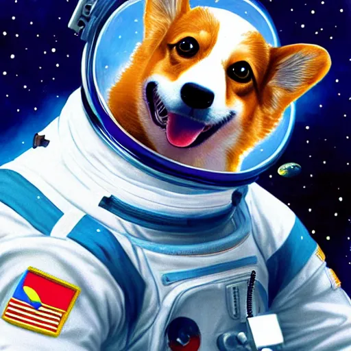 Image similar to a corgi cosmonaut in space, beautiful digital painting