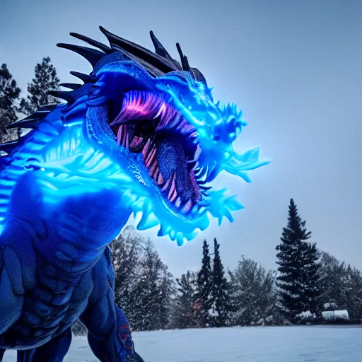 Image similar to a cobalt colored dragon breathing fire during winter, dynamic lighting, volumetric, wide angle, anamorphic lens, go pro, 4k