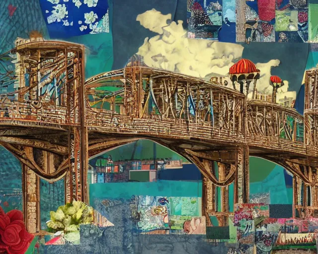 Prompt: detailed bridge with unexpected maximalist elements. 8x HD mixed media 3D collage in the style of a childbook illustration in soft natural tones. matte background no frame HD