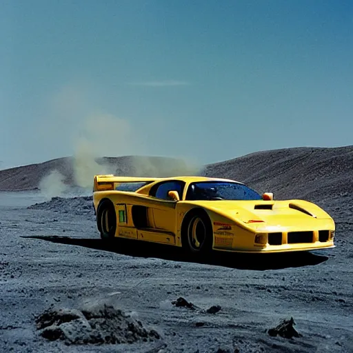 Prompt: a saleen s 7, drifting, on the moon, smoke coming from tires, film still, panavision panaflex