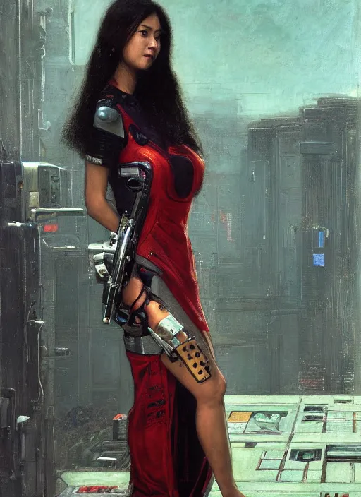 Image similar to Nikki Tanaka. Beautiful Feminist Cyberpunk mechanic with robotic legs. (Cyberpunk 2077, bladerunner 2049). Iranian orientalist portrait by john william waterhouse and Edwin Longsden Long and Theodore Ralli and Nasreddine Dinet, oil on canvas. Cinematic, vivid colors, hyper realism, realistic proportions, dramatic lighting, high detail 4k