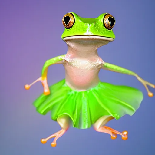 Prompt: fashion show with a super cute smiling green tree frog dressed in a pink skirt,, photo realistic, matte image