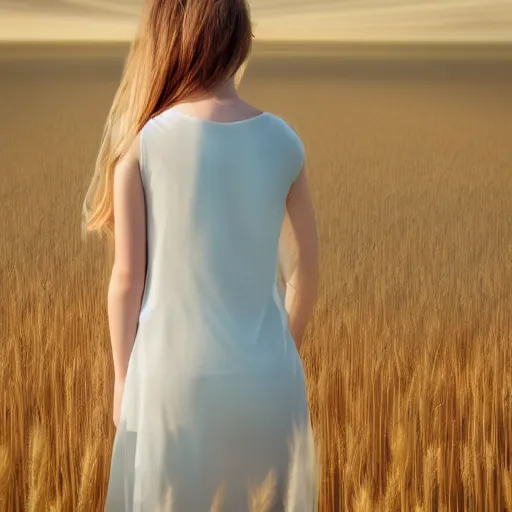 Image similar to close-up shot, a beautiful painting of a girl in a airy semi-transparent thin light dress standing in the glowing wheat fields, mystical setting, afternoon sun, long shadows, photo from the back, 135mm, trending on artstation