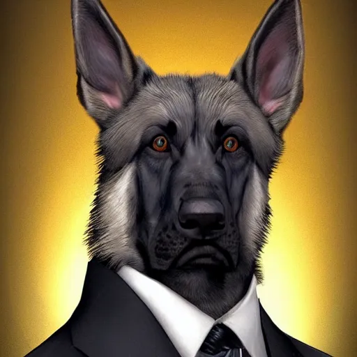 Image similar to a humanoid german shepherd beast - man, wearing suit, highly detailed portrait, digital painting, artstation, concept art, smooth, sharp foccus ilustration, artstation