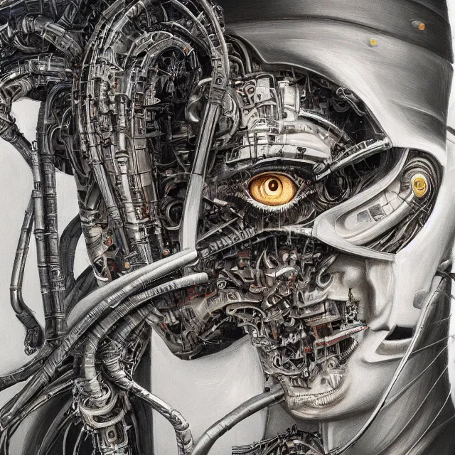 Image similar to robot artist painting a self - portrait on a canvas. intricate, highly detailed, digital matte painting in the style of h. r. giger. irony, recursion, inspiration.