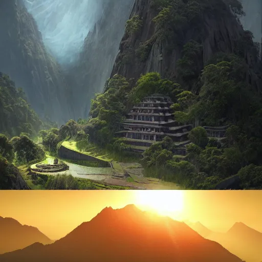 Image similar to a beautiful and highly detailed digital art of nepal in science fiction movie, detailed high buildings and rockets, forgotten valley, nepali architecture buildings, swirling mist, lush forests, intricate details, epic scale, insanely complex, 8 k, sharp focus, hyper realism, fantasy landscape, psychedelic, by caspar friedrich,