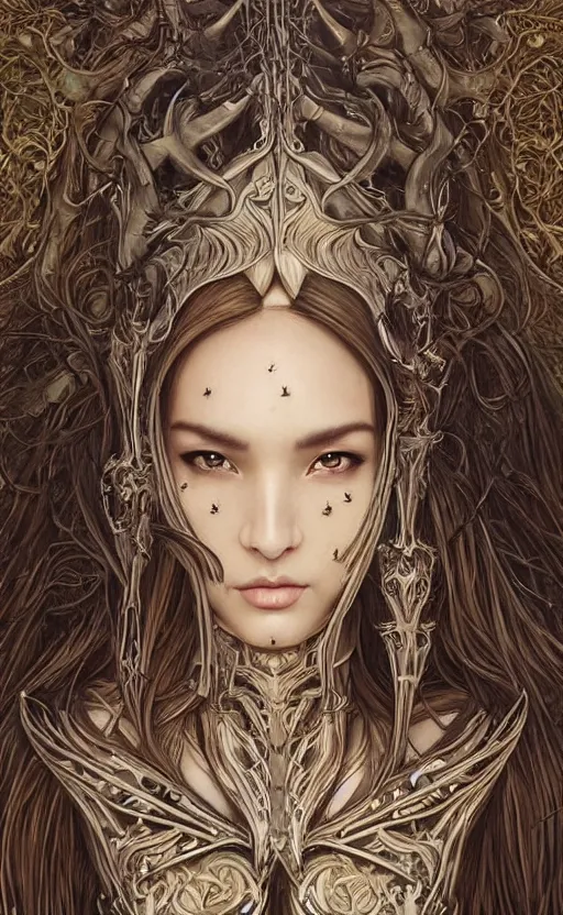 Prompt: a professional portrait of a beautiful young female, clothed in ethereal battle armor, olive skin, long dark hair, beautiful bone structure, symmetrical facial features, deep forest psytrance Neo-Gothic concept, infinity glyph waves, intricate artwork masterpiece, very coherent artwork, cinematic, full frontal facial features by Artgerm, Takato Yamamoto, Zdizslaw Beksinski, Johnatan Wayshak, Moebius, Ayami Kojima, very coherent artwork, trending on cgsociety, ultra high quality model, production quality cinema model, high detail chromatic ink outline, octane render, unreal engine 8k, hyper realism, high detail, octane render, unreal engine, 8k, High contrast