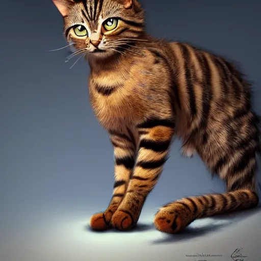 Image similar to short legged cat as munchkin, muscular, wild, d & d, fantasy, intricate, full - length, cinematic lighting, highly detailed, digital painting, artstation, concept art, smooth, sharp focus, illustration, art by hajime sorayama