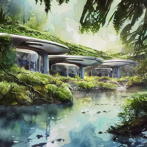 Image similar to beautiful happy picturesque charming sci - fi organic pod - like homes of the future in a beautiful natural scene. water, trees and rocks. beautiful light. soft colour scheme. beautiful artistic detailed watercolor by lurid. ( 2 0 2 2 )