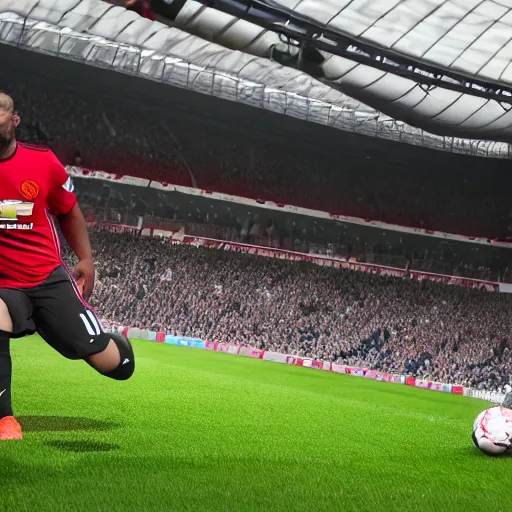 Image similar to morbidly obese men playing for man united, photorealistic, 4 k, dramatic, sharp focus