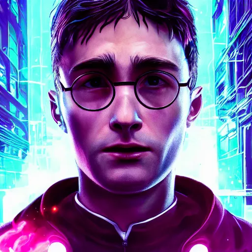 Prompt: beautiful high detailed portrait of harry potter, cyberpunk2077, cyberpunk, neon, light, artstation, digital illustration