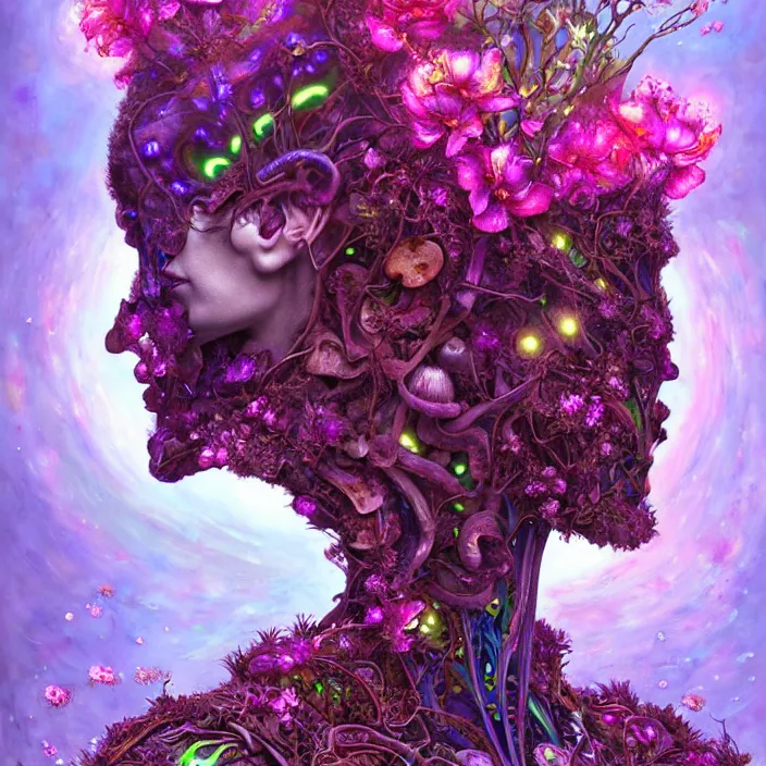 Image similar to extremely psychedelic organic cyborg made of orchid and cherry blossom tree and mushroom, LSD elk, diffuse lighting, fantasy, intricate, elegant, highly detailed, lifelike, photorealistic, digital painting, artstation, illustration, concept art, smooth, sharp focus, art by John Collier and Albert Aublet and Krenz Cushart and Artem Demura and Alphonse Mucha