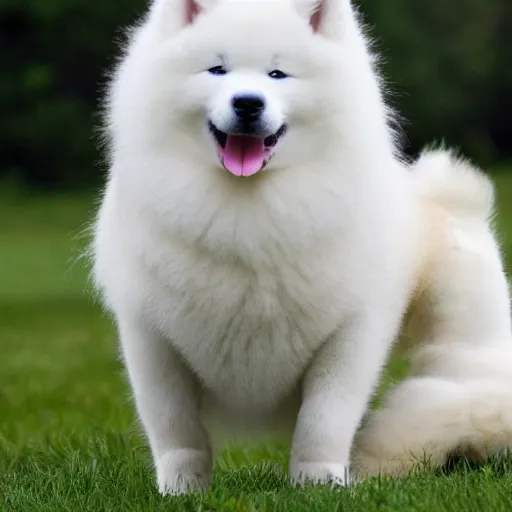 Image similar to A photo of a Samoyed dog with its tongue out hugging a white Siamese cat