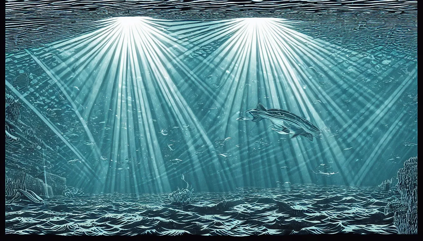 Image similar to underwater crystal clear light rays by dan mumford and peter doig and edward hopper, symmetrical, minimal, black ink, thick lines highly detailed, muted colours 8 k