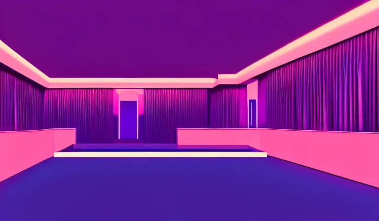 Image similar to a beautiful, sharp focus, clean lines. the interior of a vast 1 9 7 0 s luxury disco hotel lobby. vaporwave ombre rendering. outrun style. trending on artstation. recommended for you behance. wes anderson colors. by chris moore. by edward hopper. ambient occlusion. digital matte painting. metropolis filmic. gotham city.