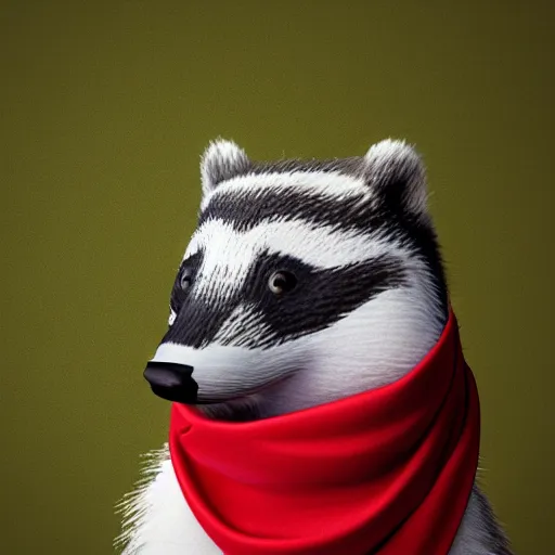 Image similar to a friendly badger walking towards the camera, he‘s wearing a red neckerchief, white background, clean digital render