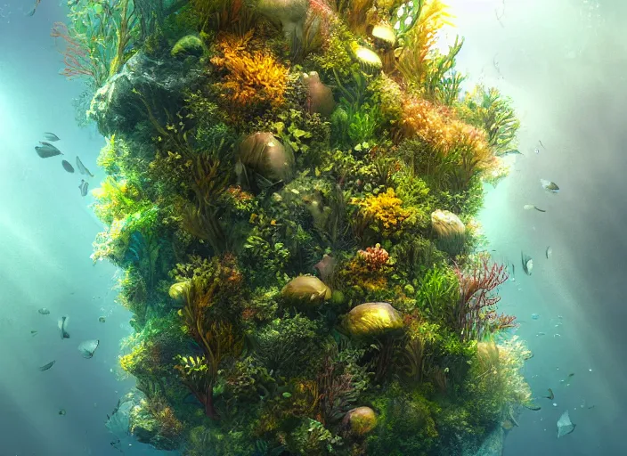 Prompt: overgrown foliage overtaking tall buildings, underwater environment, storefronts, coral, scenery, professional, award - winning, trending on artstation, detailed, realistic, beautiful, emotional, shiny, golden, picture