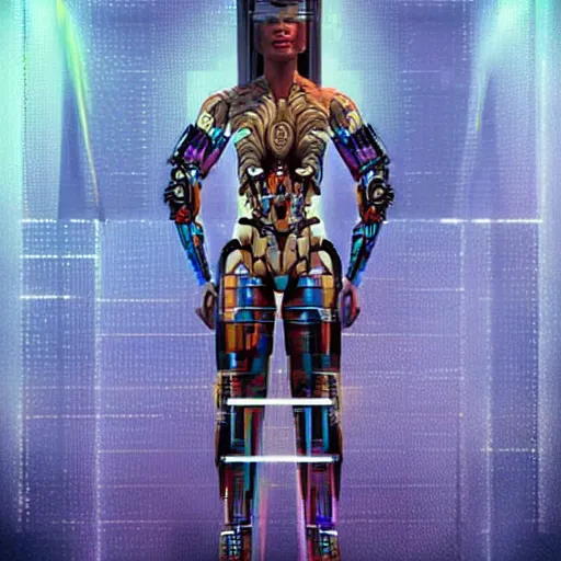 Image similar to full body portrait of the muscular Mayan Android Queen, by DC comics and Sandra Chevrier and beeple, artstation, volumetric lighting and fog, hyperrealism, hyper detailed futuristic royalty, award winning costume design, cybernetic bionic ancient cyborg, fashion show runway, futuristic fine textures, woven with electricity, high fashion superpowers, floating dust particles, bokeh, mystic haze, 4k UHD, HDR