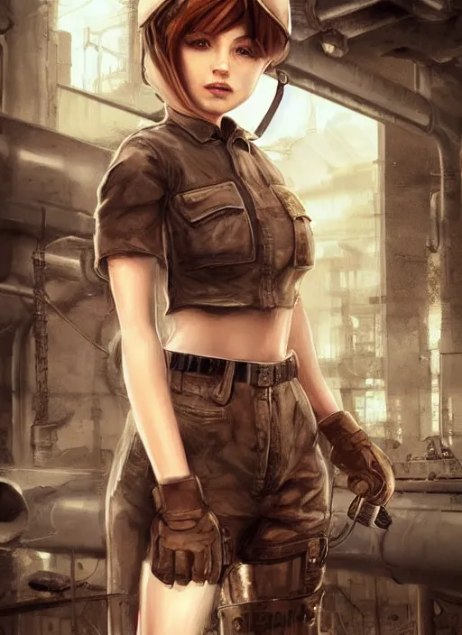 Image similar to a portrait digital painting of a young girl with hazel - brown hair. post - apocalyptic clothing. she's wearing a mechanics uniform and has been working on some large machinery. a factory background with big machines, pipes, computer monitors. painted by artgerm, ross tran.