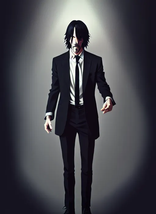 Image similar to anime portrait of keanu reeves as a handsome man, wearing black suit and bowing down, ilya kuvshinov, anime, deroo, pixiv top monthly, trending on artstation, cinematic, danbooru, zerochan art, kyoto animation