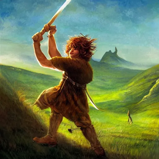 Image similar to A warrior hobbit swings a club at the head of a goblin. The rolling hills of the shire are in the background. Digital fantasy art by Anato Finnstark and Alan Lee.