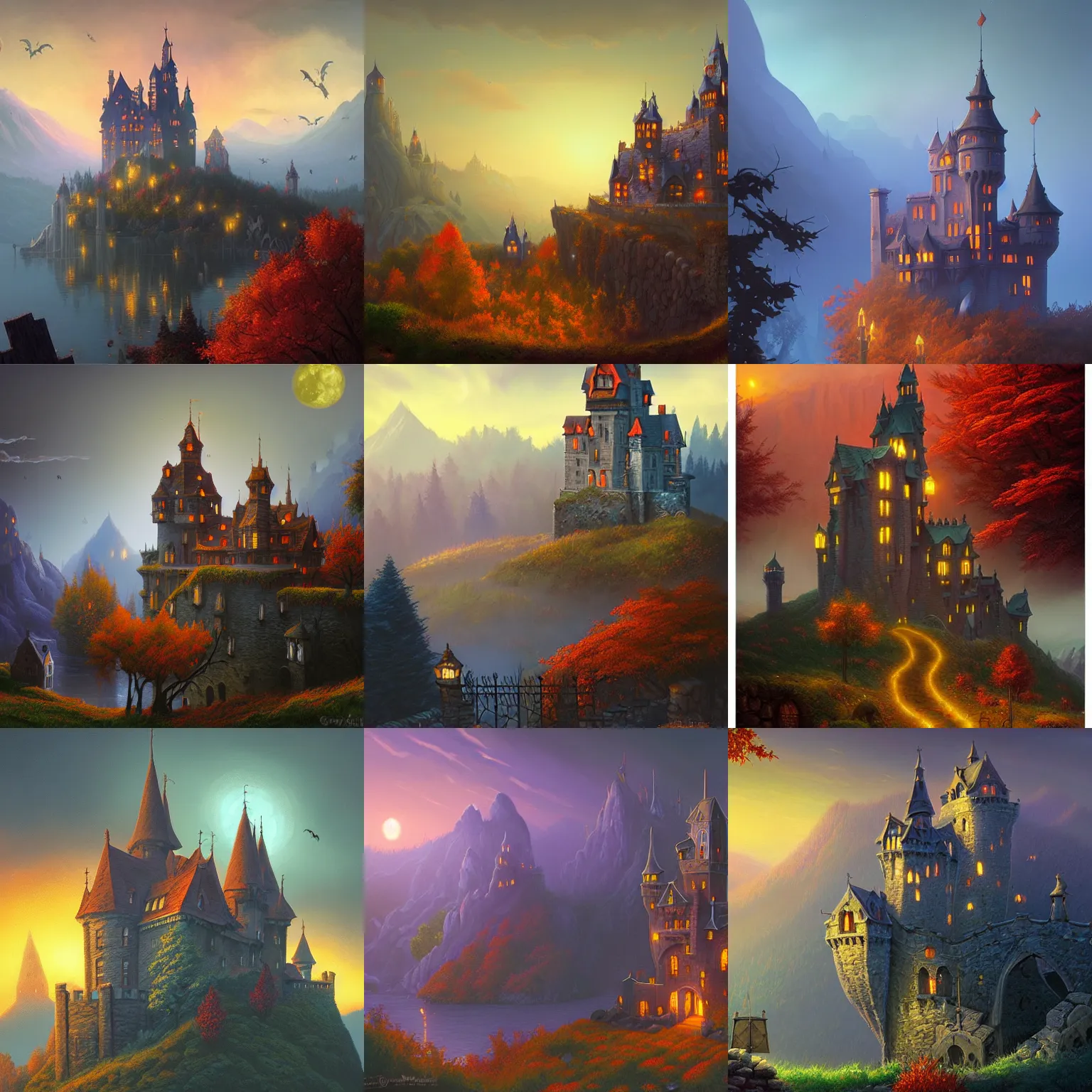 Prompt: Evil castle by Evgeny Lushpin, greg rutkowski,Dan Mumford,background mountains,autumn,halloween