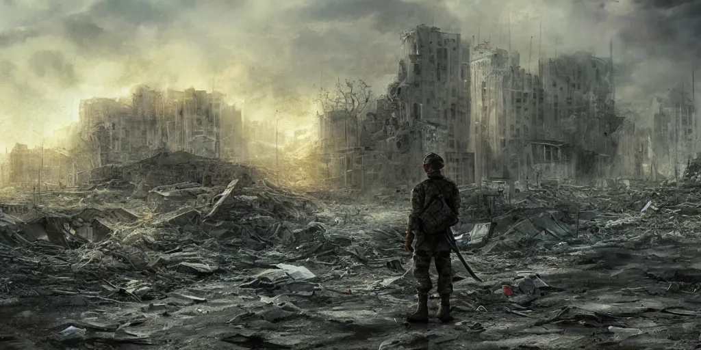 Image similar to a last standing soldier looking at destroyed city, concept art, deviantart, art station, landscape, cinematic, lighting, hyper realistic painting