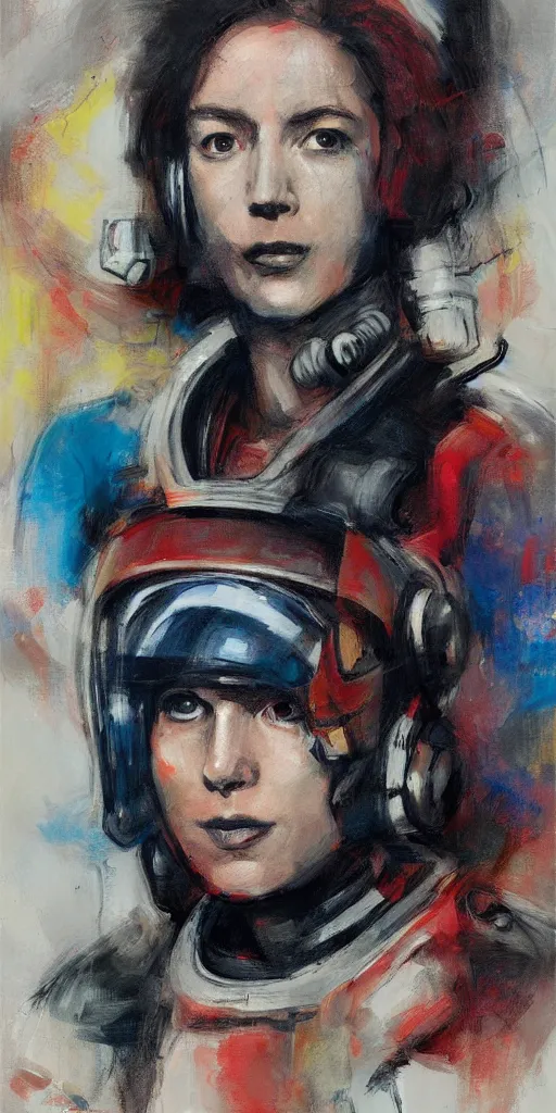 Image similar to abstract expressionist portrait of a space mechanic in the style of frank cho, casey baugh and james jean