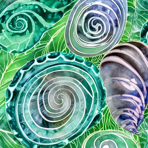 Prompt: delicate marble garden snail spiral on paper floating puffy vines botanical 1 9 2 0 herbarium botanic watercolors coastline iridescent 8 k wide angle realistic shaded fine details, artstation italian rainbow colonnade oak pinecone gardena architecture pompeii boundary wall