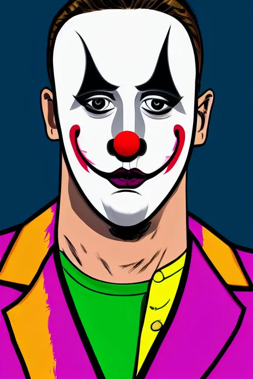 Image similar to detailed display twitter guy wearing an blouses with clown mask. pop art, gta vice city art style, face and body features, ultra realistic details, digital art, concept art, smooth art, sharp focus, illustration, intecrate details, elegant, confident posse, art by mark millar and richard hamilton and mimmo rottela