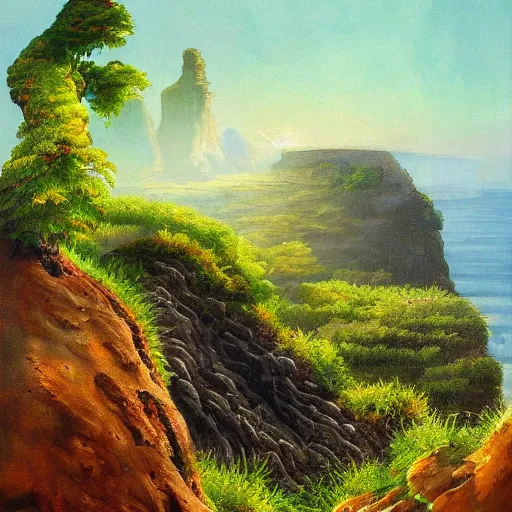 Prompt: painting of a lush natural scene on an alien planet by igor grabar. beautiful landscape. weird vegetation. cliffs and water.