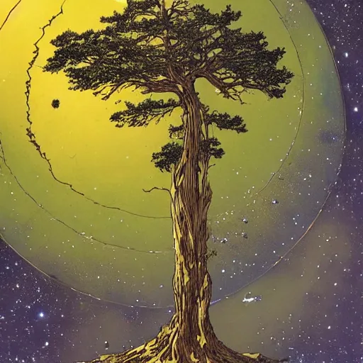 Image similar to a large tree hovering in space, rooted in a galactic crystal, by moebius