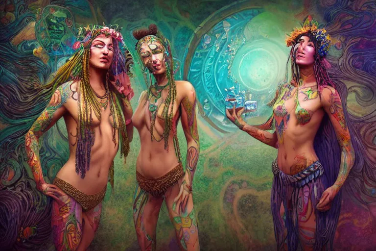 Prompt: a centered full body render of alluring festival hippies with tribal tattoos surrounded by a underwater ink pour and flowing liquid galium and sacred geometry, perfect face, powerful, cinematic, beautifully lit, by artgerm, by karol bak, by donato giancola, 3 d, trending on artstation, octane render, 8 k