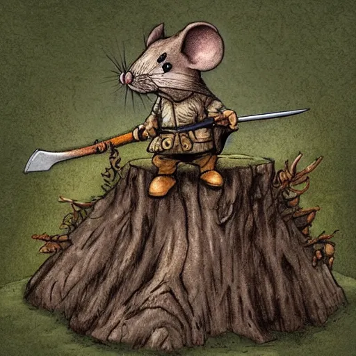 Prompt: Mouse Guard sits on a stump, deep forest, mouse in clothes, holding a sword, by rivuletpaper, rivuletpaper art, Mouse Guard by David Petersen, mouse photo, small details, realistic illustration,