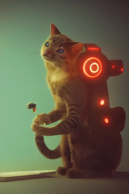 Image similar to cat with a computer mouse in its mouth. cinematic, cyberpunk, digital art, blender, octane render, volumetric lighting, 8 k, detailed, trending on artstation
