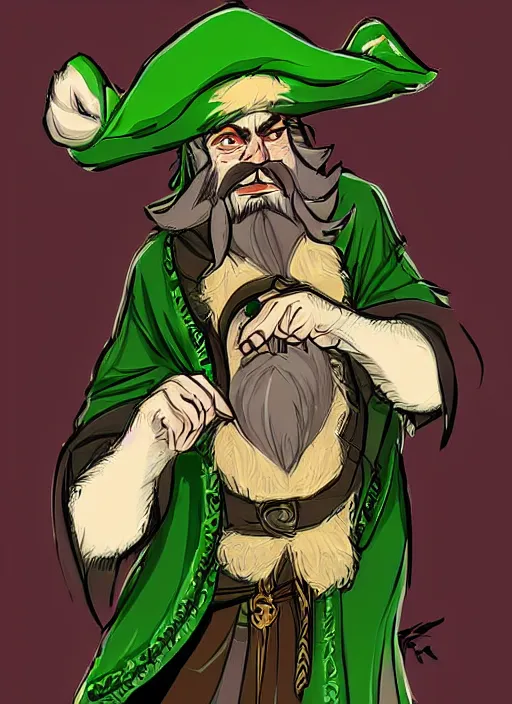 Image similar to ratfolk with beard and jewelry, green eyes, tricorne hat, green robe, D&D, digital art