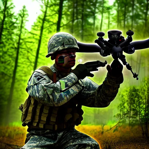 Image similar to A soldier in a forest shooting at an enemy drone with his machine gun, HDR, 8k, trending on artstation