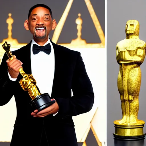 Image similar to Will Smith on the Oscars Stage holding an Academy Awards Trophy replaced with a Golden mini Moai, full body, 8k, hyperrealism, award winning photograph