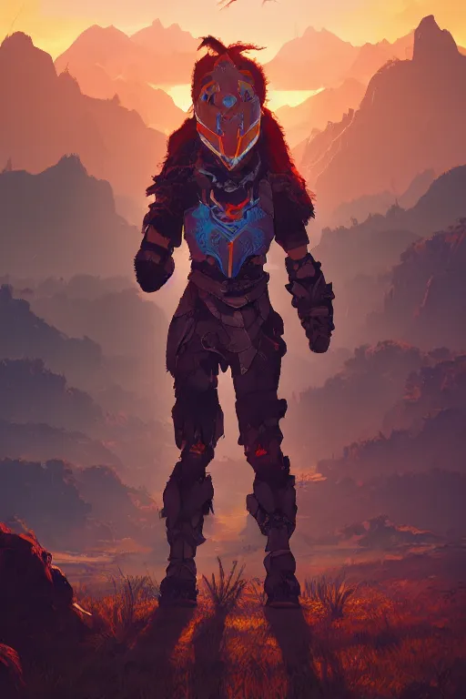 Image similar to combination suit armor aloy horizon forbidden west horizon zero dawn radiating a glowing aura global illumination ray tracing hdr fanart arstation by ian pesty and alena aenami artworks in 4 k tribal robot ninja mask helmet backpack