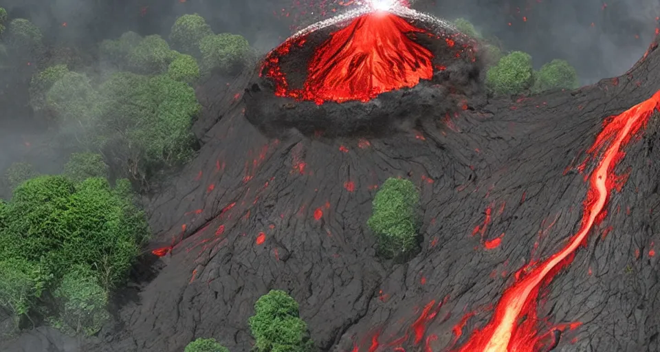 Image similar to a volcano made of ivory vines and crimson rocks enters in eruption, it spits a smoke in the shape of demonic eye, from NCSOFT