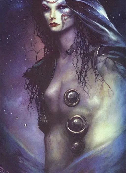 Image similar to portrait of female space pirate, night sky background, beautiful! coherent! by brom, by brian froud, deep color, strong line, high contrast