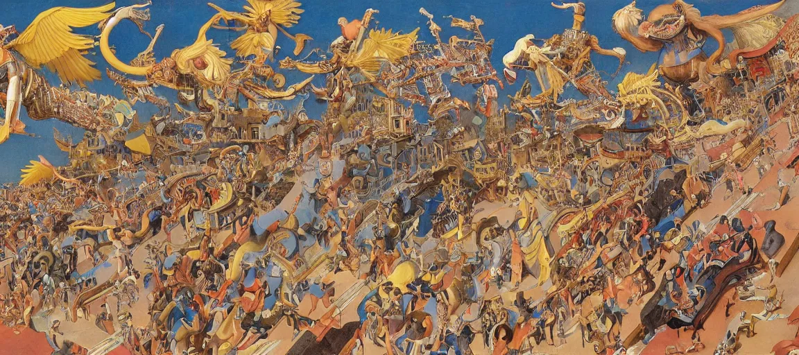 Image similar to mechanical angels descend from heaven in the middle of a small town during a carnival, surreal, majestic, epic, highly detailed, colorful, dramatic, by winsor mccay, by m. c. escher, by boris vallejo, by francesco del cossa - h 5 1 2